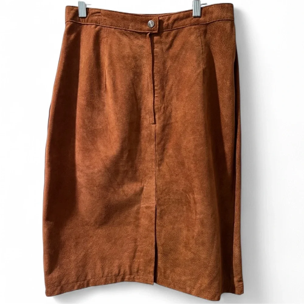 Elegant Vintage Retro 1980s Brown Suede Leather Skirt M.J. Carroll Size 13/14